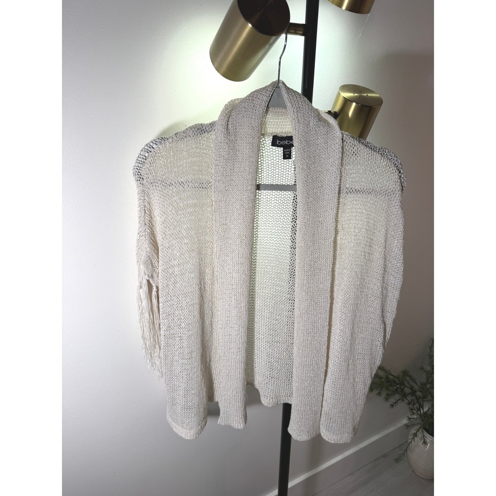 Bebe fringe sleeve silk cream cardigan O/S dress coverup light layer date night